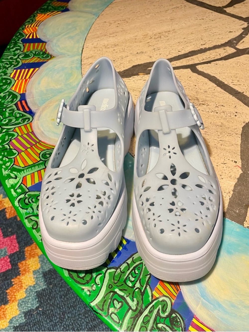 Melissa Light Blue Floral Cutout Jelly Platform Shoes size 9